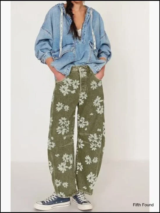 Distressed Floral Patchwork Wide Leg Jeans Mid Rise Barrel Fit - Picture 3 of 7